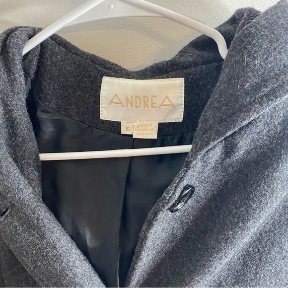 Andrea 100% Wool Hooded Maxi Trench Pea Coat Sz 16 Button Down Jacket - Picture 4 of 11